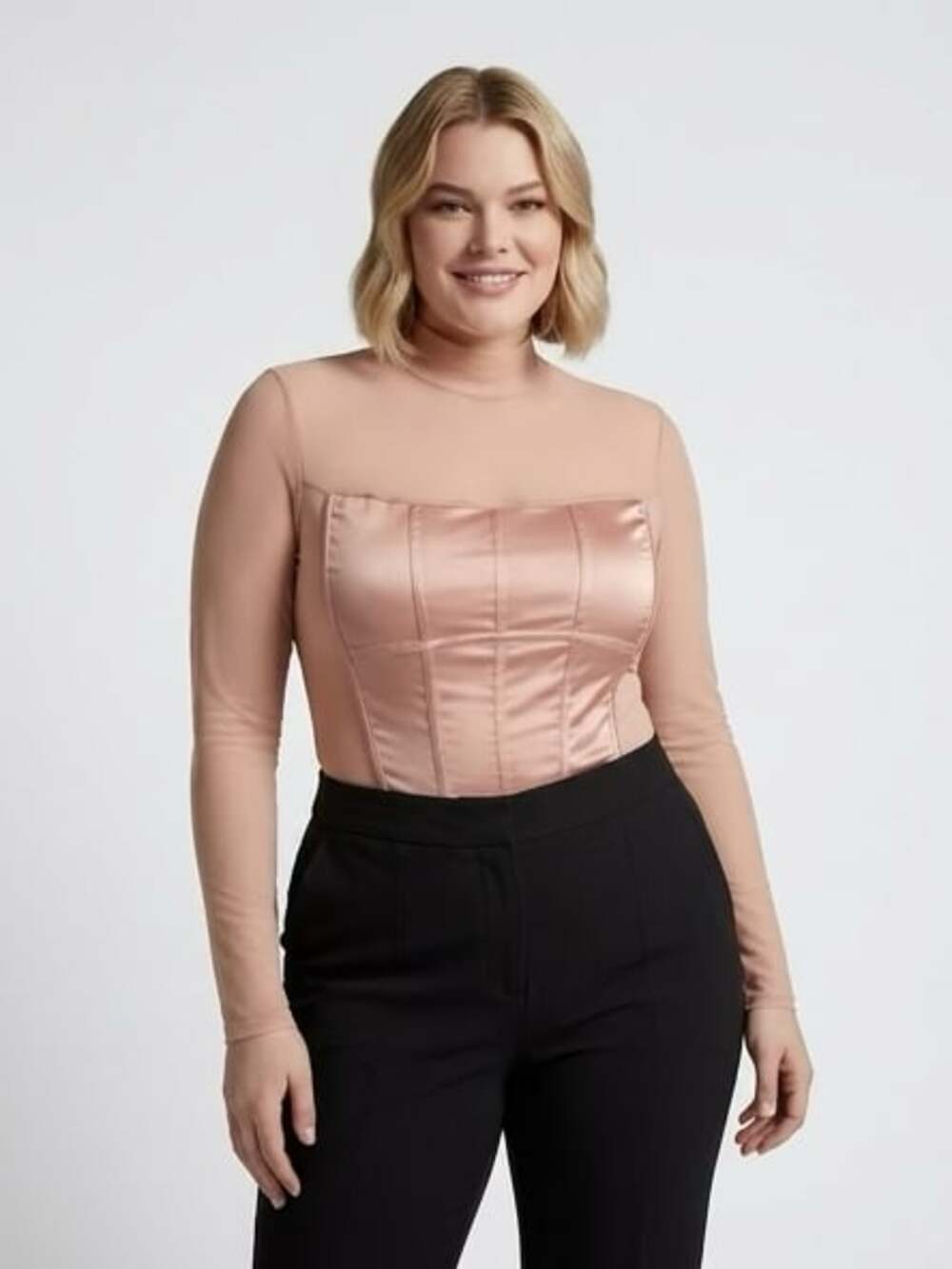 Guess Mesh and Satin Long Sleeve Corset Bodysuit